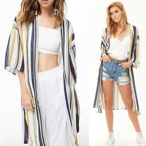 Forever 21 Womens Abstract Striped Draped Kimono Jacket Size Medium Sash Lined.